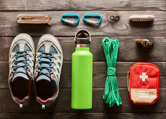 Travel items for hiking flat lay