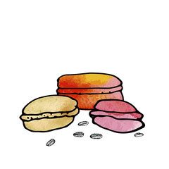 Vector illustration of macaroons and coffee beans. Watercolor texture. Hand drawn ink sketch.