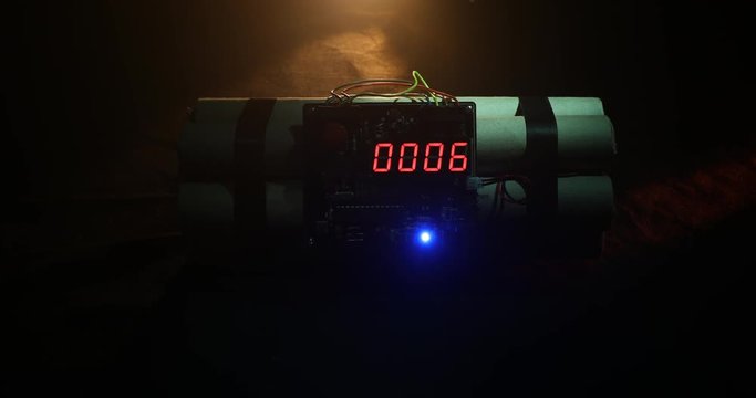 Countdown Explosive Tnt Bomb With Digital Timer. Dynamite bomb disposal with a clockwork mechanism