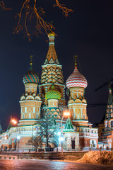 Vertical view of St. Basil's Cathedral on Red Square in the center of the city on a winter night