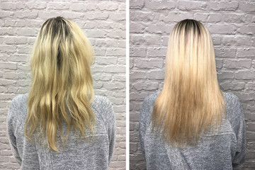 Sick, cut and healthy hair. Hair before and after treatment.