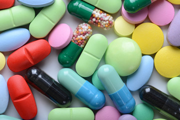 Pharmacy theme. Multicolored Isolated Pills and Capsules