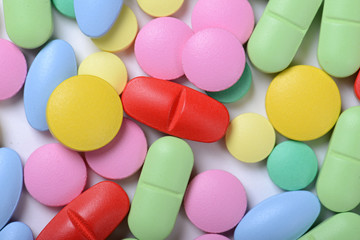 Pharmacy theme. Multicolored Isolated Pills and Capsules