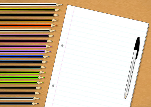 Notebook Paper Exam Pad, Color Pencils and Pen on Brown Wooden Background
