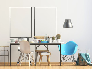 Mock up poster in interior with dining area. living room modern style. 3d illustration
