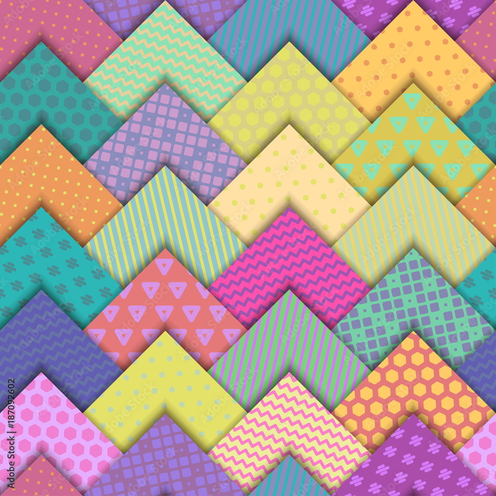 Poster seamless vector colorful bright pattern. paper squares of different colors with ornaments lying on e