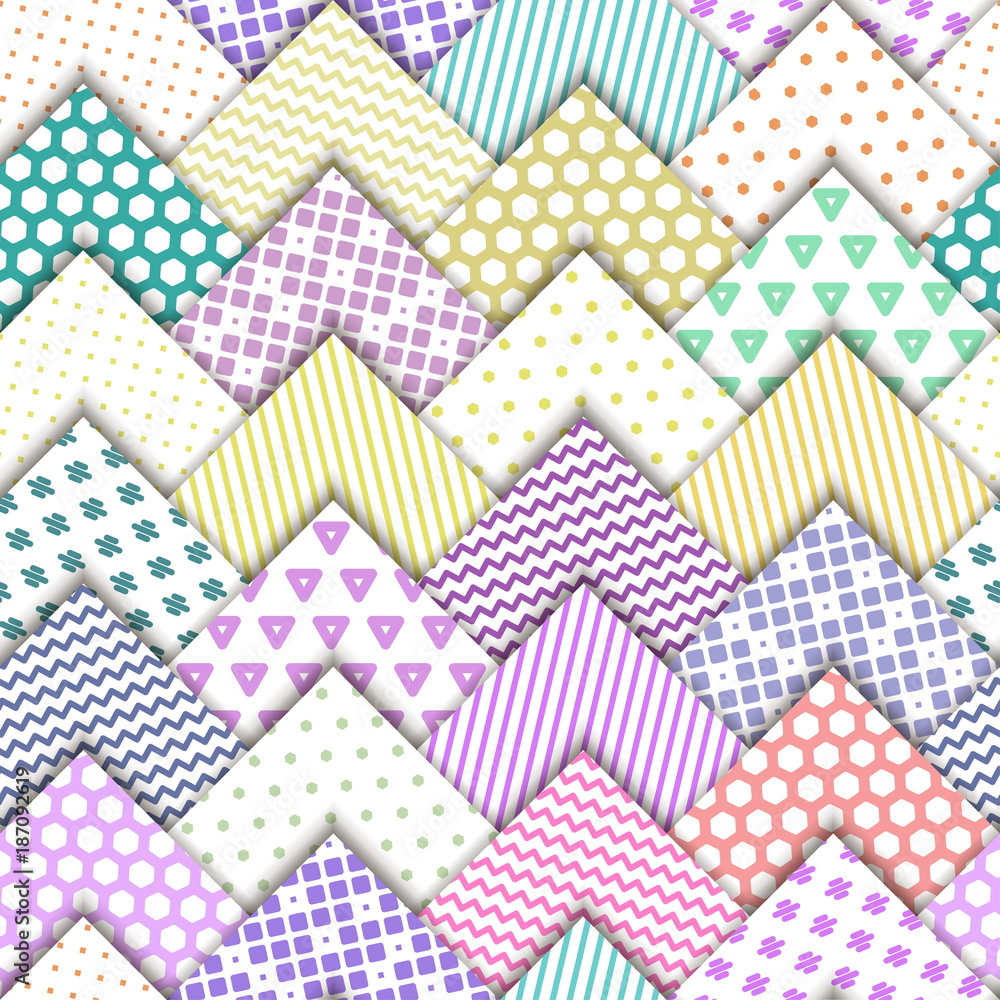 Poster seamless vector colorful pattern. paper white squares with color ornaments lying on each other. holi
