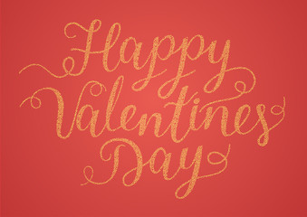 Vector festive handwritten inscription "Happy Valentine's Day." Gold letters of yellow circles on a red background.