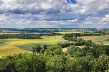Fototapeta na wymiar Patchwork fields seen from Smolen Castle in Silesia Region, Poland