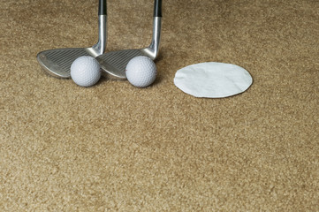 Golf Clubs Golf Balls Paper Putting Hole On A Rug