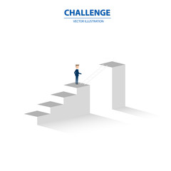 Businessman stands on top of the stairs and try to across to the next way. Business concept of goals, success, achievement and challenge. Vector illustration.