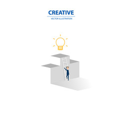 Creative solution presentation with light lamp and a business man. Creativity concept vector illustration.