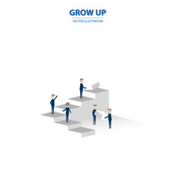 Businessman stand on the stairs and build their future together with team. Business concept of teamwork, success and future. Vector illustration.