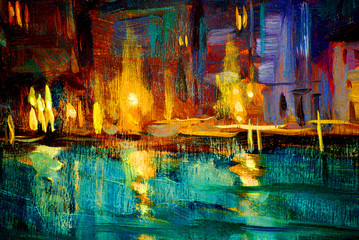 oil painting on plywood, venice night canal, illustration