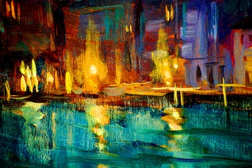 Ölgemälde auf Sperrholz, Venedig-Nachtkanal, Illustration © Mikhail Zahranichny