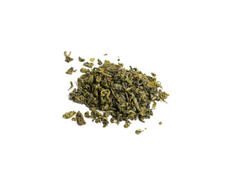Heap of natural dried green tea on white background