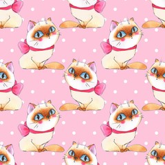 Watercolor cartoon cats, pink seamless pattern 6
