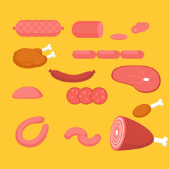 Raw meat products. Butchery big set. Flat butcher shop design elements and food icons.