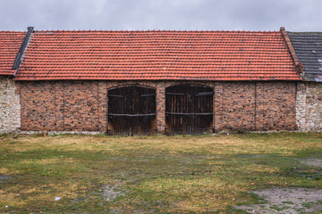 Historic barns moved from the neighborhood to square in small Zarki town in Silesia region, Poland