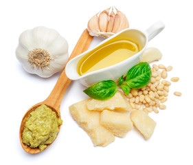 Pesto Sauce ingredients recipe with Basil on White Background Studio shot