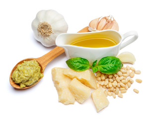 Pesto Sauce ingredients recipe with Basil on White Background Studio shot