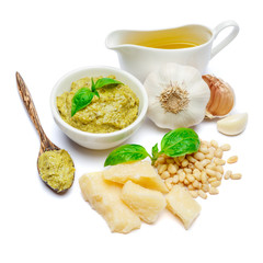 Pesto Sauce ingredients recipe with Basil on White Background Studio shot