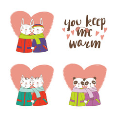 Set of hand drawn cute funny animal couples, holding hands and wrapped in a muffler, with typography. Isolated objects on white background. Design concept for kids, Valentines day. Vector illustration