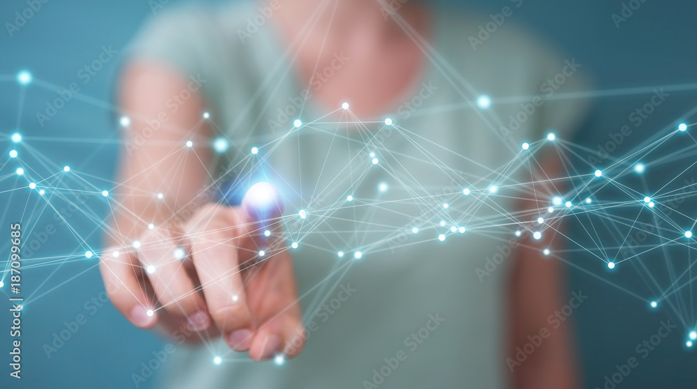 Aufkleber businesswoman using flying network connection 3d rendering