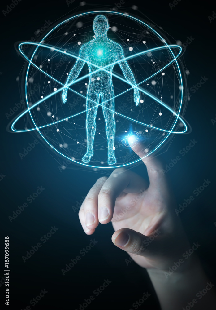 Poster businesswoman using digital x-ray human body scan interface 3d rendering