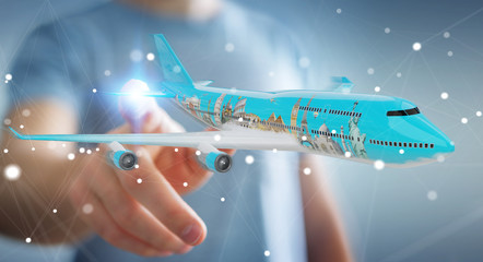 Businessman with plane and famous landmarks of the world 3D rendering