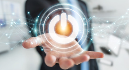 Businessman using 3D render power button with connections