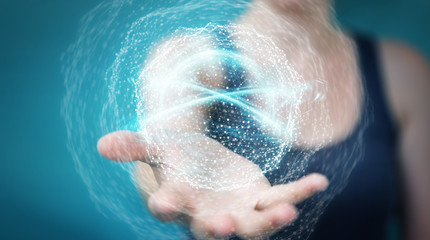 Businesswoman using digital network connection sphere 3D rendering