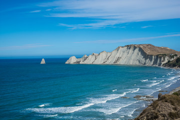 Limestone cliffs near Cape Kidnappers Golf course, with views of South Pacific Ocean, New Zealand