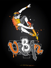 Stylish skater in jeans and sneakers. Skateboard. Vector illustration for a postcard or a poster, print for clothes. Street cultures. © juliagrin