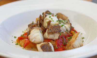 Diced of grouper's learn on a bed of roasted peppers.
