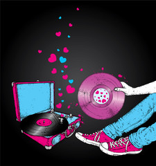Legs in sneakers, turntable and vinyl record. Hipster and music. Vector illustration for a postcard or a poster, print for clothes. Vintage, retro, fashion and style.