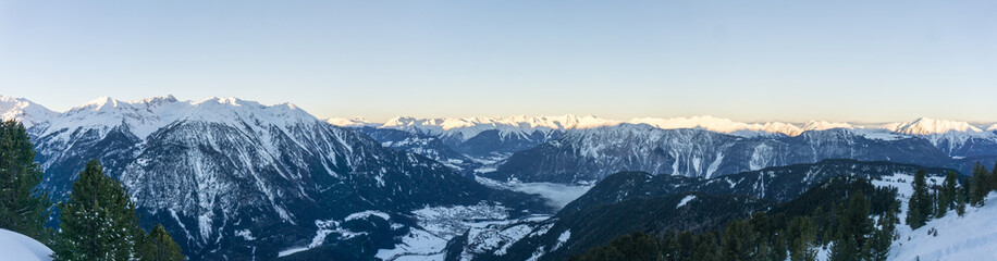 Fototapeta na wymiar Panorama View of Mountains in winter in Öztal near Sölden in Austria, Tirol