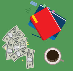 Dollars on the table. Accounting for money. Notepad and coffee. Money currency vector illustration. Various money bills dollar cash paper bank notes and gold coins