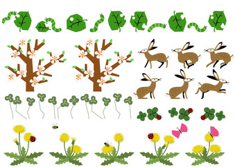野兎と春の素材集。春の生物。春の植物。シーズンのイラスト。