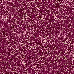 Red sea seamless pattern of marine dwellers.