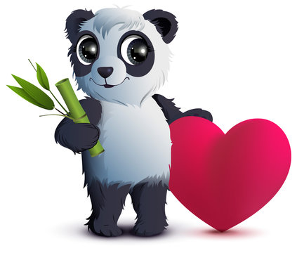Valentines Day. Bear panda holds stalk of bamboo and red heart