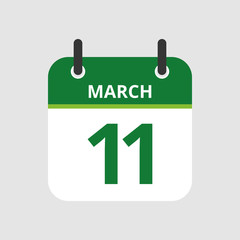 Flat icon calendar 11th of March isolated on gray background. Vector illustration.