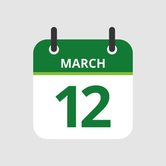 Flat icon calendar 12th of March isolated on gray background. Vector illustration.