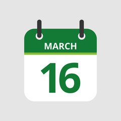Flat icon calendar 16th of March isolated on gray background. Vector illustration.