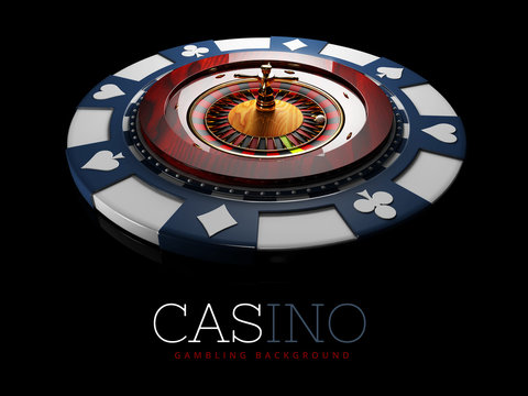 Realistic casino gambling roulette wheel with chip. 3d play chance luck roulette wheel illustration.