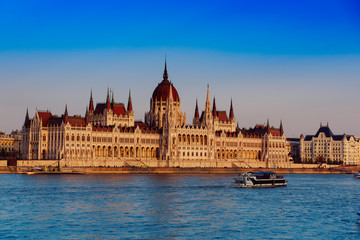 Fototapeta na wymiar Budapest Parliament building and Danube river at sunset, travel Hungary background