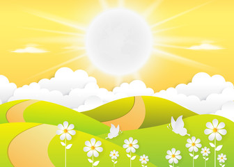 landscape Daytime sky background with Summer, clouds and sun. sunlight morning. Vector