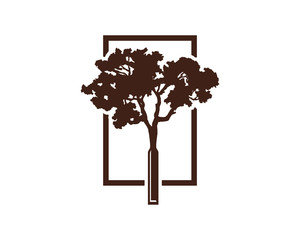 Line Art Square Brown Oak Tree with Chisel on the Trunk Illustration Hand Drawing Concept Logo Vector