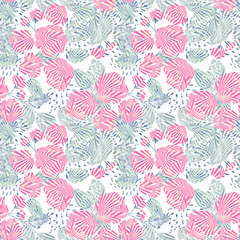 Seamless abstract floral pattern. Stylized pink flowers, green leaves on a white background.