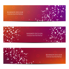 Fototapeta na wymiar Set of abstract banner design, dna molecule structure background. Geometric graphics and connected lines with dots. Scientific and technological concept, vector illustration.